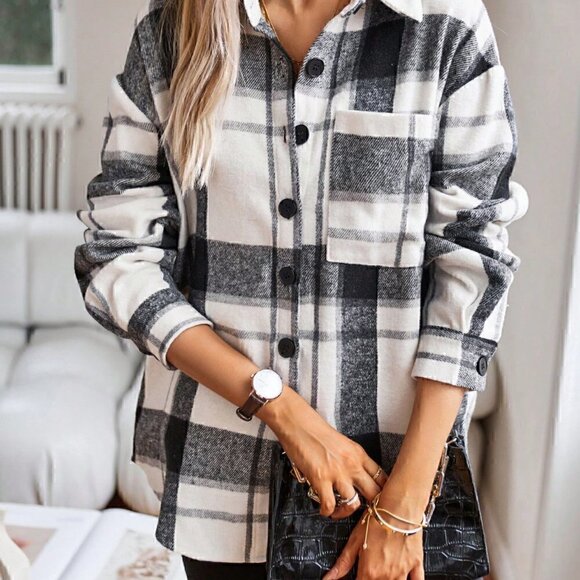 Black and White Casual Womens Plaid Print Drop Shoulder Shirt - Picture 7 of 7
